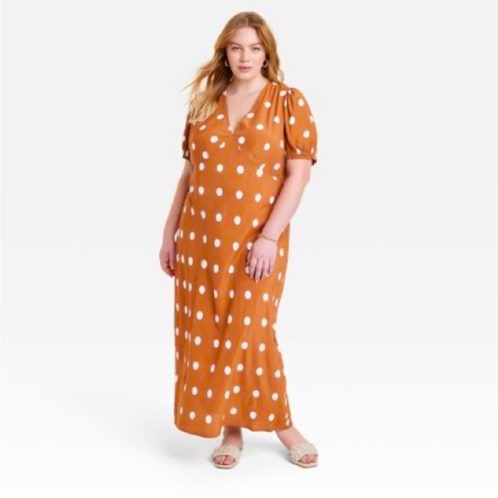 A New Day Brown Puff Sleeve V-Neck Maxi Dress - Picture 2 of 11